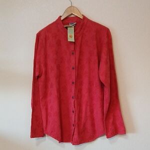Eucalyptus Red Leaf Print Button Up Long Sleeve Shirt